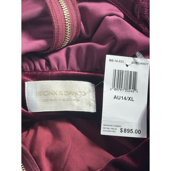 NWT Bronx & Banco Burgundy Velvet Tiered Maxi Gown XL US10 Gold Trim Pleated - Picture 11 of 16